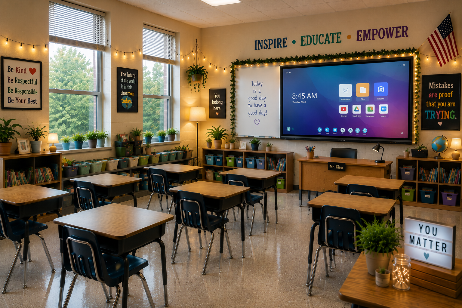 A SKAL Academy classroom with student desks and an interactive smartboard